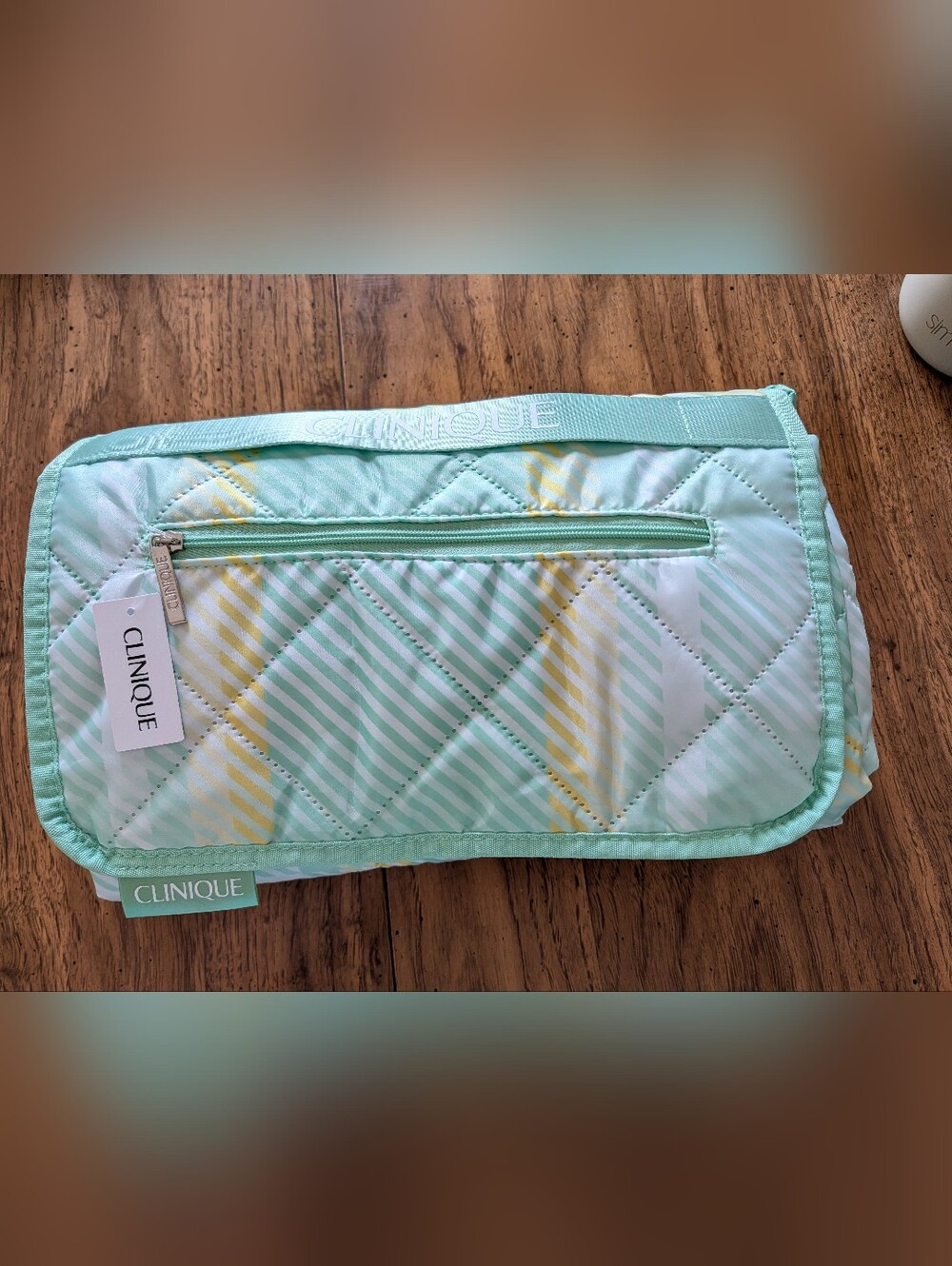 Clinique Quilted Mint and Pale Yellow Striped Picnic Blanket New